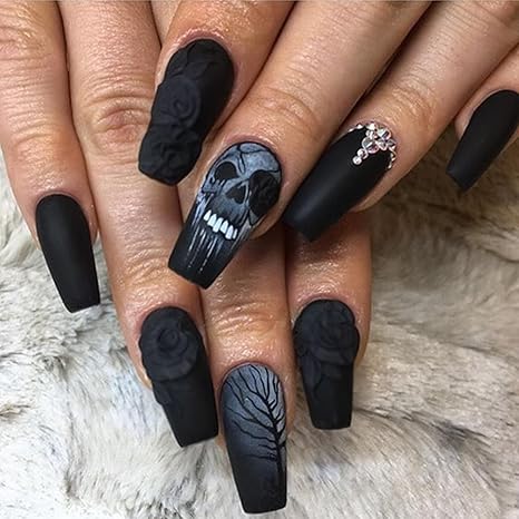 Halloween Press on Nails Medium Coffin Fake Nails 3D Rose Matte Black False Nails with Skull Rhinestone Design Scary Artificial Nails for Women - sugar skull nail art