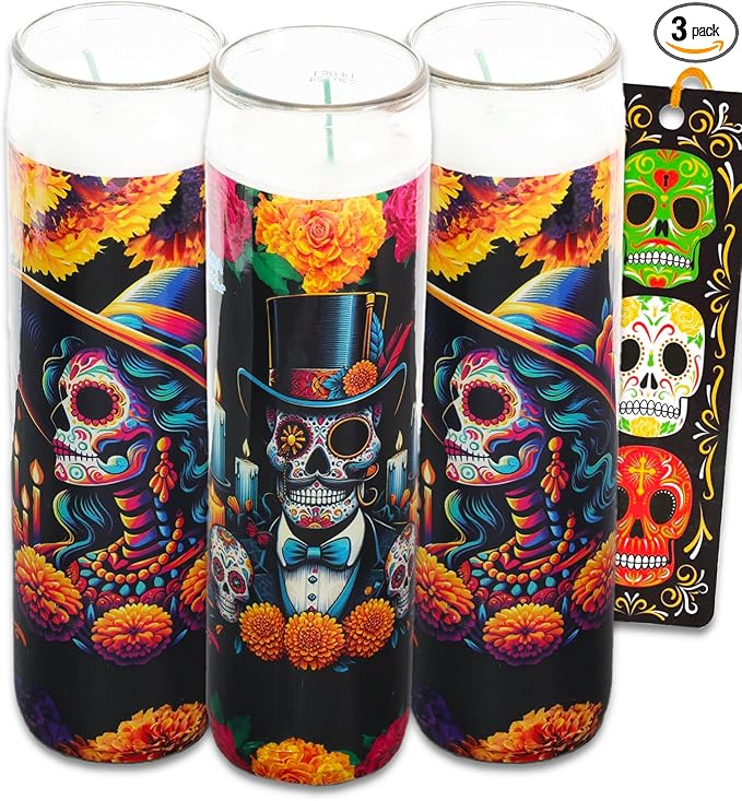 Dia de Los Muertos Religious Devotional Candles - 3 Pack of 8 Calaveras Sugar Skull Candles for Ofrendas, Vigils, Prayers, Blessing Ceremonies, More - sugar skull candle holder