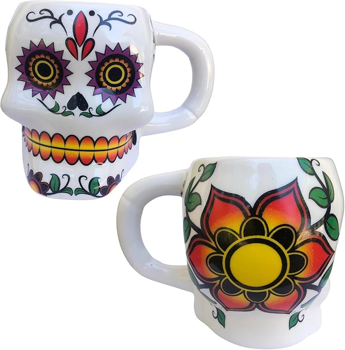 Colorful Day of The Dead Skull Dia de Los Muertos Halloween White Sugar Skull Coffee Cup Mug Home Decor - sugar skull coffee cup