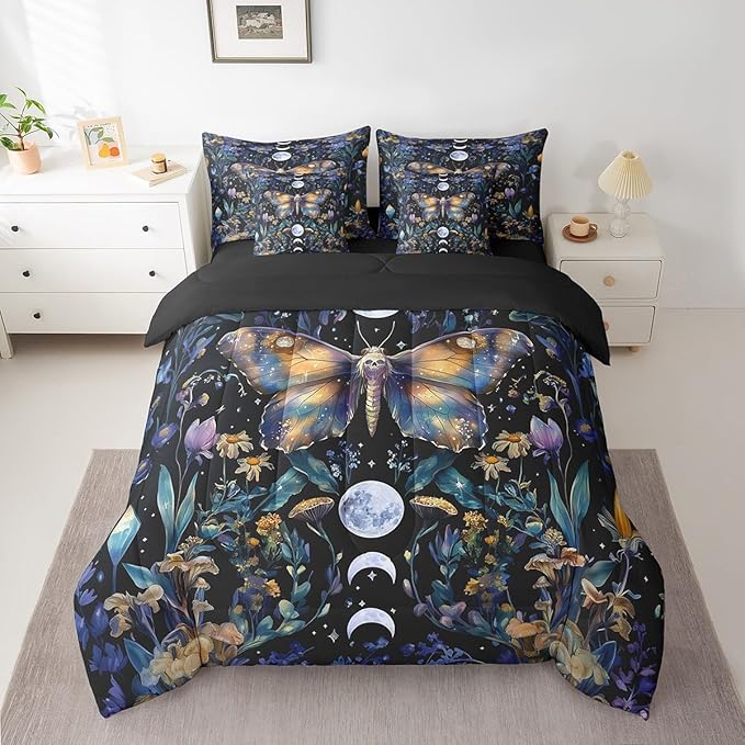 Erosebridal Gothic Moth Comforter Set - Kids 7 Pieces Bohemian Trippy Sun Moon Bedding Sets Twin Bed in A Bag with Reversible Halloween Sugar Skull Comforter, Boho Exotic Floral Sheets, Pillowcases - sugar skull bedding set