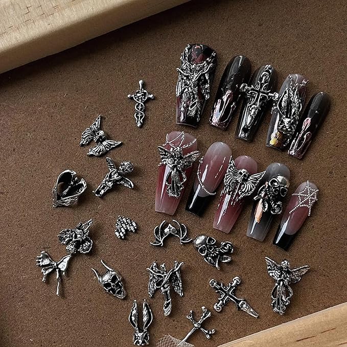 32PCS Halloween Nail Charms 3D Alloy Skull Nail Art Charms Gothic Retro Nail Jewels Gems Vintage Heart Cross Punk Nails Accessories Halloween Nail Art Decoration for Women Holiday Party DIY Manicure - sugar skull nail art