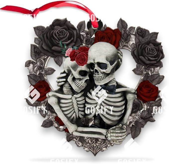 Skull Couple Ornaments for Christmas Decorations, Skull Ornaments Xmas Tree Decor, Wood Ornament Keepsake Gifts for Him Her Couples Engagement, Wedding Ornament for Newlyweds - sugar skull christmas ornament