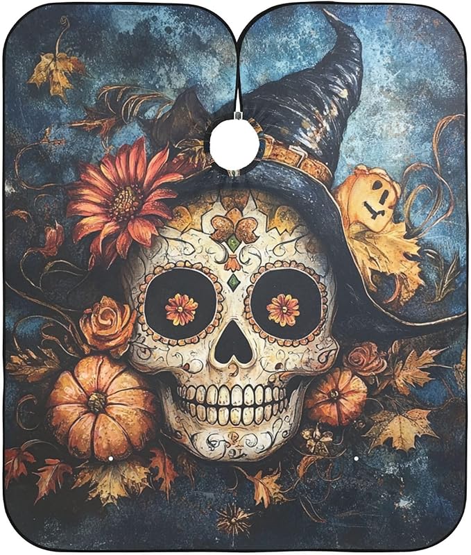 ALAZA Sugar Skull Pumpkins Barber Cape for Men Women, Waterproof Haircut Apron Beard Shaving Bib Hair Cutting Cloth 55 x 65 Inch - sugar skull apron for women