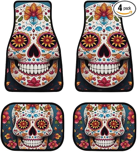 Vehicle Protection Mats, Colorful Sugar Skull Print 4-Piece Car Mat Set All-Weather Floor Mats Universal Fit for All Vehicles - sugar skull car floor mats