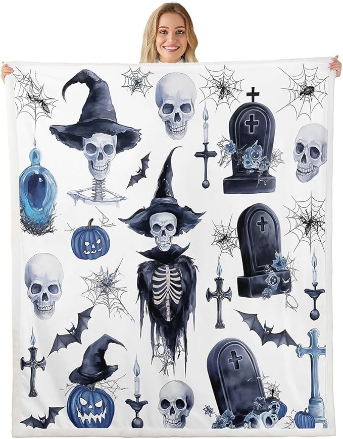 Erosebridal Skeleton Halloween Decor Sugar Skull Blanket Gothic Witch Hat Throw Blanket 40"x50",Halloween Tombstones Fleece Blanket Candle Bats Bed Blanket,Spider Webs Halloween Decorations - sugar skull throw blanket