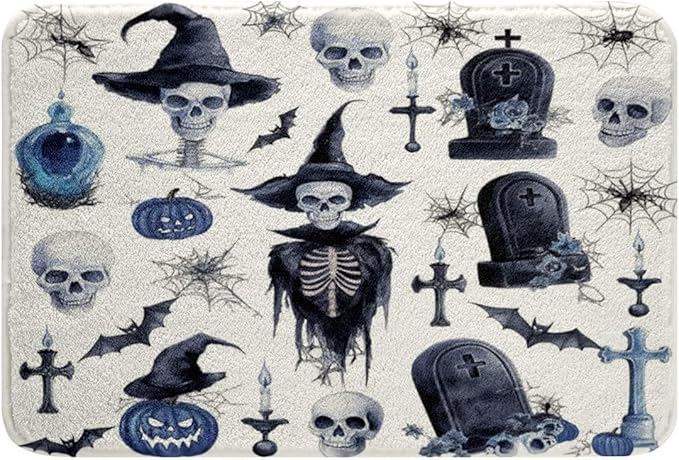 Skeleton Halloween Decor Sugar Skull Bathroom Rugs Gothic Witch Hat Rug 20"x32",Halloween Tombstones Shower Mat Candle Bats Entryway Rug,Spider Webs Halloween Decorations - sugar skull toilet mat set