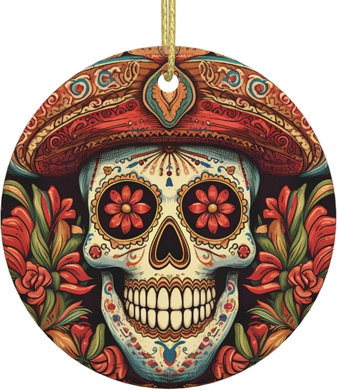 Ceramic Ornaments, Flower Sugar Skull Christmas Decoration Gift, Round Ceramic, Tree of Life Ornament, Christmas Tree Ornaments, Christmas Holiday Decor, Xmas Ornament for Family - sugar skull christmas decorations