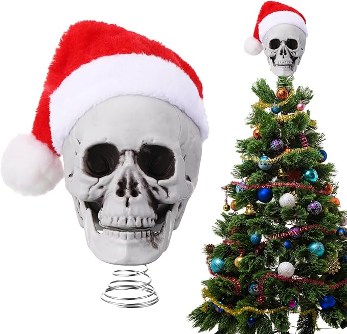 5 Inch Christmas Tree Topper Skull with Santa Hat Christmas Tree Spooky Decorations Holiday Plastic Skeleton Ornaments Gifts Skull Topper for Xmas Home Party Decor - sugar skull christmas decorations