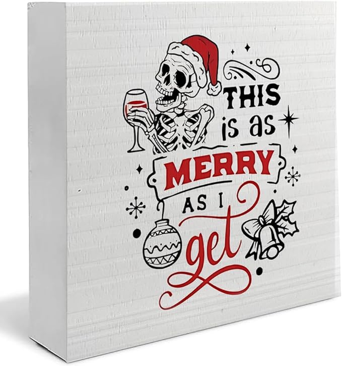 Funny Christmas Signs, Christmas Skeleton Skull Santa Wooden Box Sign, Skeleton Christmas Decor, Funny Christmas Wood Signs for Home Office Desk Table Tabletop Shelf Decorations, 5x5 Inch - sugar skull christmas decorations
