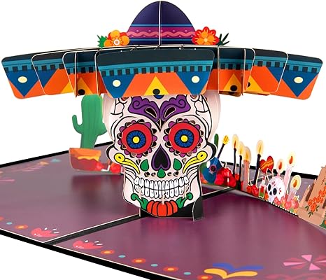 Magic Ants Day of the Dead 3D Pop-Up Card, Skeleton Halloween Birthday Card, El Día de los Muertos Greeting Card with Colorful Sugar Skull and Sombrero, Handmade Celebration Card to Honor Loved Ones - sugar skull candle holder