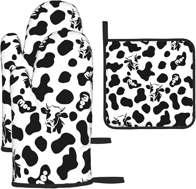 Cow Print Oven Mitts and Pot Holders Sets Heat Resistant for Kitchen BBQ Microwave Baking Grilling Cooks Set of 3 Black White Kitchen Oven Glove - sugar skull oven mitts