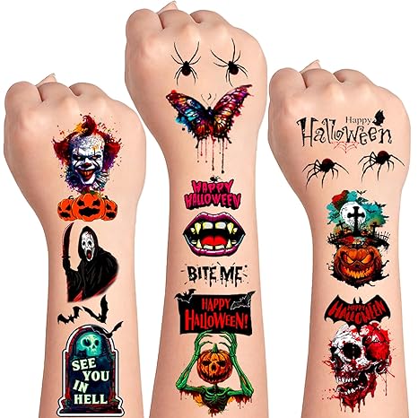 Halloween Temporary Tattoos 36 Sheets Halloween Makeup Horror Tattoos Temporary, Mixed Scary Style Featuring Joker Pumpkin Skulls Ghost Bats Spider etc, Halloween Accessories, Halloween Party Supplies - sugar skull temporary tattoo