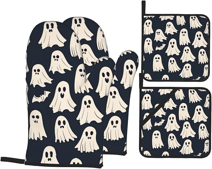 Oven Mitts and Pot Holders 4 Pcs Set, Spooky Ghosts Bats Halloween Holiday Heat Resistant BBQ Gloves Potholders Extra Thicken Long Kitchen Oven Glove for Cooking Baking Grilling - sugar skull oven mitts