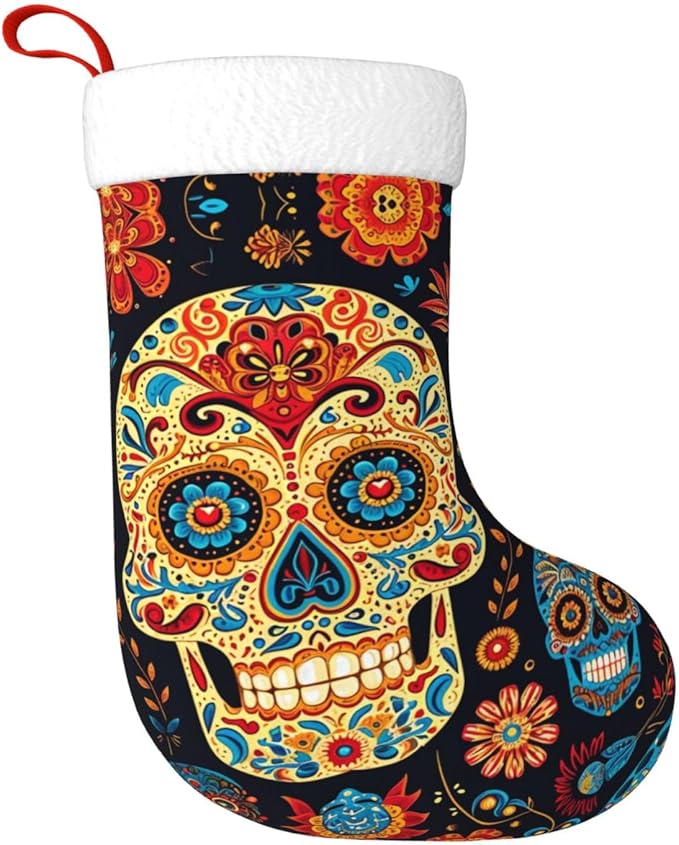 Colorfully Sugar-Skull Christmas Stocking Plush Xmas Stockings Personalized Hanging Christmas Ornaments for Holiday Family Fireplace Decorations Gift - sugar skull christmas ornament