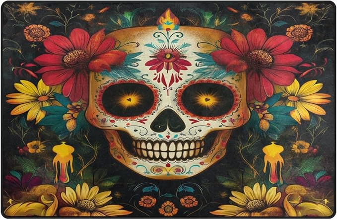 ALAZA Sugar Skull and Flowers Floor Mat Rectangle Non-Slip Absorbent Floor Mat for Living Room Bedroom Study Room,31 x 20 inches - sugar skull floor mat