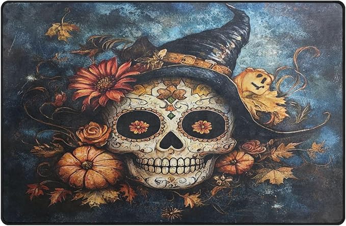ALAZA Sugar Skull Pumpkins Floor Mat Rectangle Non-Slip Absorbent Floor Mat for Living Room Bedroom Study Room,31 x 20 inches - sugar skull floor mat