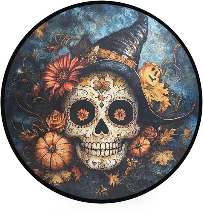 ALAZA Sugar Skull Pumpkins Round Floor Mat Non-Slip Absorbent Floor Mat for Living Room Bedroom Study Room,36.2 inch Diameter - sugar skull floor mat