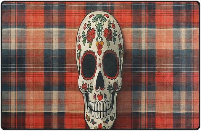 ALAZA Sugar Skull on Plaid Floor Mat Rectangle Non-Slip Absorbent Floor Mat for Living Room Bedroom Study Room,31 x 20 inches - sugar skull floor mat