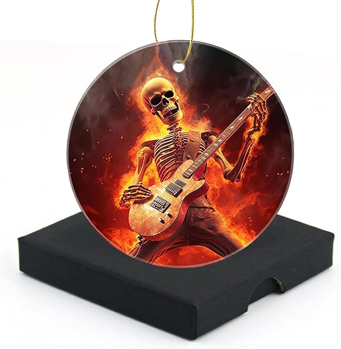 Christmas Tree Decorative 2.95in Hanging Ornaments for Home Decor Christmas Keepsake (Fire Sugar Skull with Guitar Style) - sugar skull christmas decorations