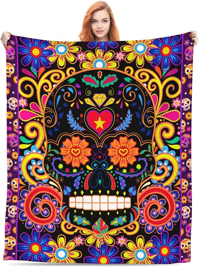 Day of The Dead Plush Throw Blanket - Lightweight, Comfy, Premium Flannel, Ultra-Soft Skull Skeleton Blanket - All Season Use - M (60'x50') - sugar skull throw blanket