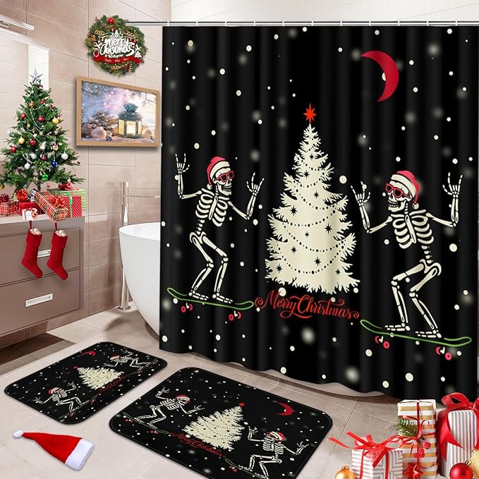 Britimes Merry Christmas Bathroom Set with Shower Curtain and Rugs and Accessories, Cute Skull Skeleton Santa Black Winter Bath Shower Curtain Set Bathroom Decor 3 Pcs - sugar skull shower curtain set