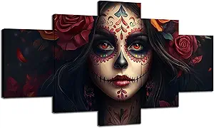 Cawpom Day of the Dead Wall Art Sugar Skull Wall Decor Picture Mexico Day of the Dead Girl Canvas Print Painting Poster Frame Home Living Room Bedroom Decoration 5 Panels(60x32 inches) - sugar skull poster print