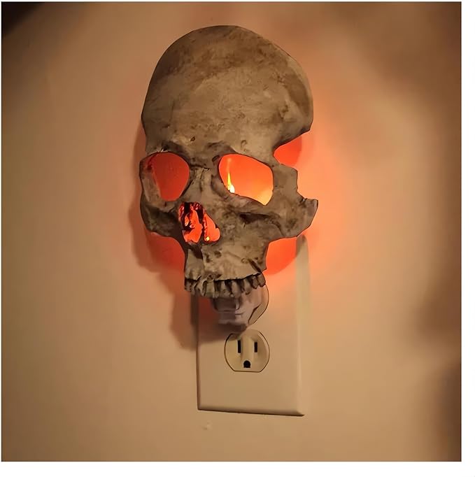 Skull Night Light Skeletons Halloween Decoration Human Skull Light for Wall, Skull Halloween Lamp Plug-Into Wall with Flame Atmosphere for Halloween Decoration Party and Home Décor - sugar skull table lamp