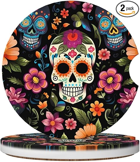 Day of The Dead Car Coasters, Sugar Skull Flower Car Coasters for Cup Holders, Absorbent Ceramic Stone Coaster 2PCS Car Cup Coaster for Women and Man - sugar skull car floor mats