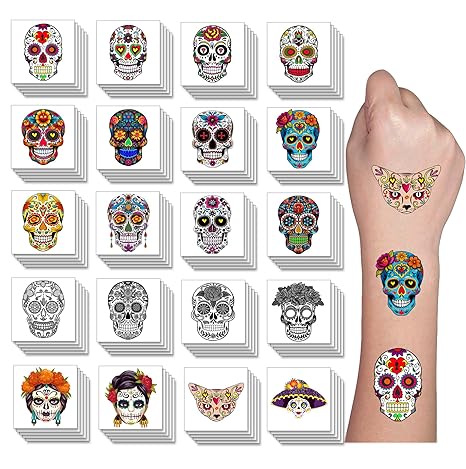 100 PCS Mexican Day Of The Dead Sugar Skull Temporary Tattoos Sticker for Kids Men Women(Day of the Dead) - sugar skull temporary tattoo