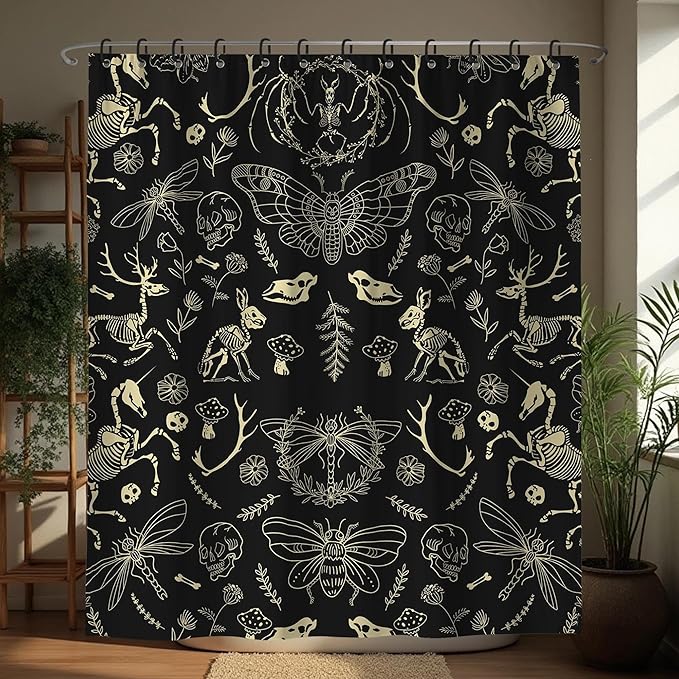 Black Goth Skull Shower Curtains,Spooky Gothic and Skull Shower Curtain for Bathroom,Funny Western Witchy Waterproof Polyester Fabric Bath Curtain Decor,72x72 Inches - sugar skull shower curtain set