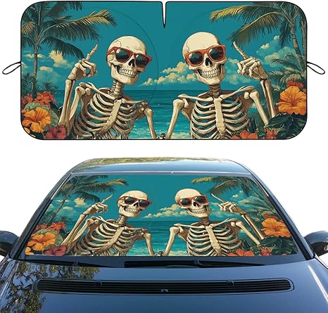 Funny Skull Car Windshield Sunshade - Gothic Hippie Skull Heatshield, Blocks UV Rays, Sun Visor for Car, Sedan, Truck, SUV - 59" L x 31.5" W - sugar skull car sunshade for windshield