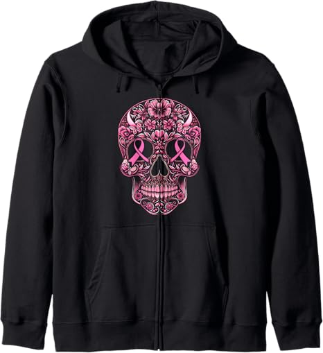 Breast Cancer Awareness Sugar Skull Pink Ribbon - sugar skull zip up hoodie mens