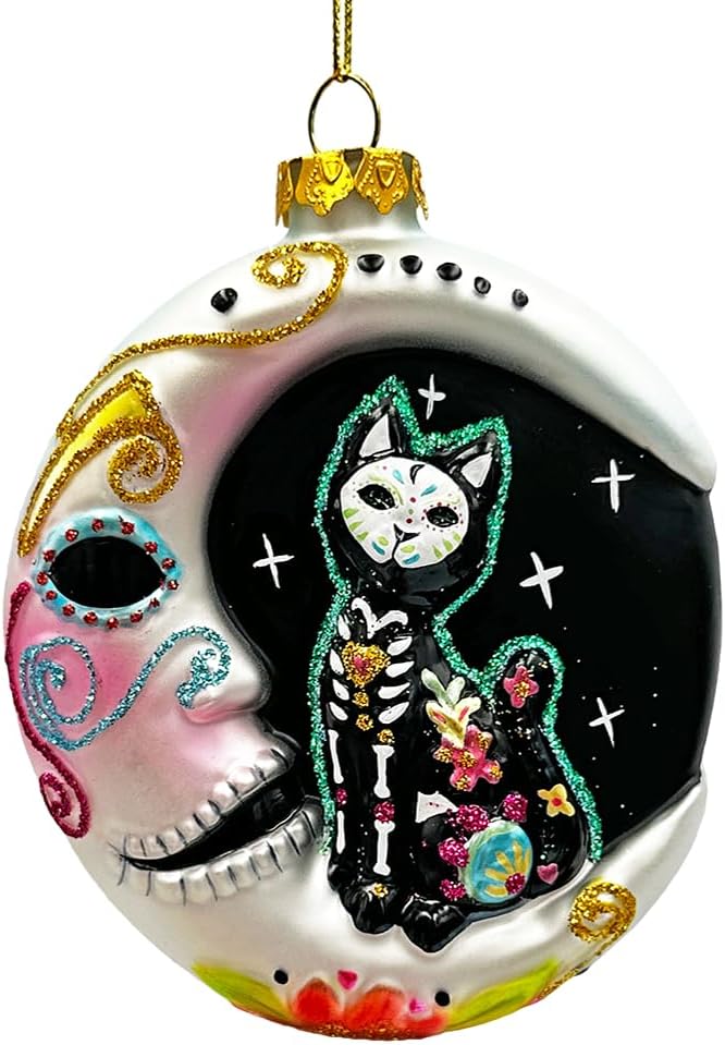 Folkloric Siamese Cat Sugar Skull Glass Ornament, Celestial Crescent Moon Halloween Decor - sugar skull christmas ornament