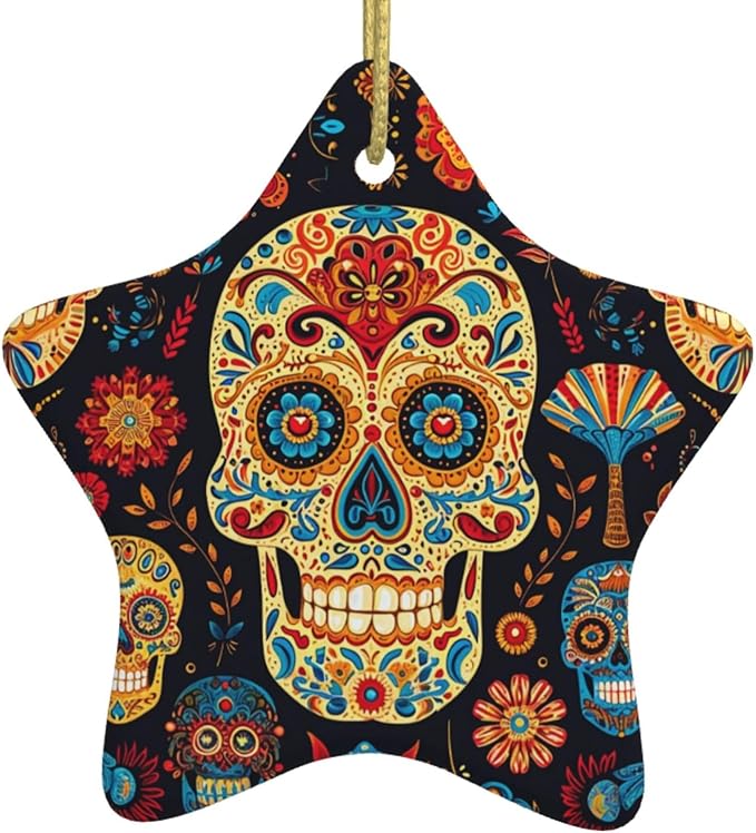 Colorfully Sugar-Skull Christmas Ceramic Ornaments Christmas Ornaments Holiday Ornaments Creative Star-Shaped Porcelain Ornaments Christmas Tree Home Decoration - sugar skull christmas ornament