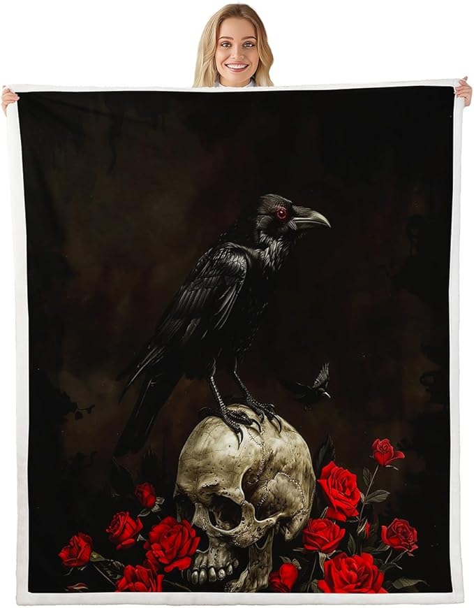 Sugar Skull Blanket for Boys Girls Kids Halloween Themed Throw Blanket Gothic Style Fleece Blanket Black Crow Red Rose Floral Print Fuzzy Blanket Halloween Decorations Sherpa Blankets,71”x92” - sugar skull throw blanket