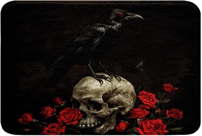 Sugar Skull Doormat for Boys Girls Kids Halloween Themed Rugs Gothic Style Area Rug Black Crow Red Rose Floral Print Bath Mat Halloween Decorations Bathroom Rugs 16"x24" - sugar skull toilet mat set