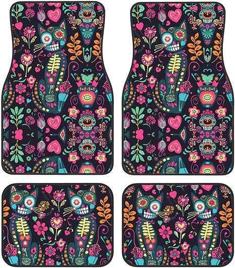 Sugar Skull Cats car mats 4 Piece car Floor mats Non Slip car Foot mat Automotive Floor mats Universal car Interior Protection Accessories fit for car SUV Truck Sedan - sugar skull car floor mats