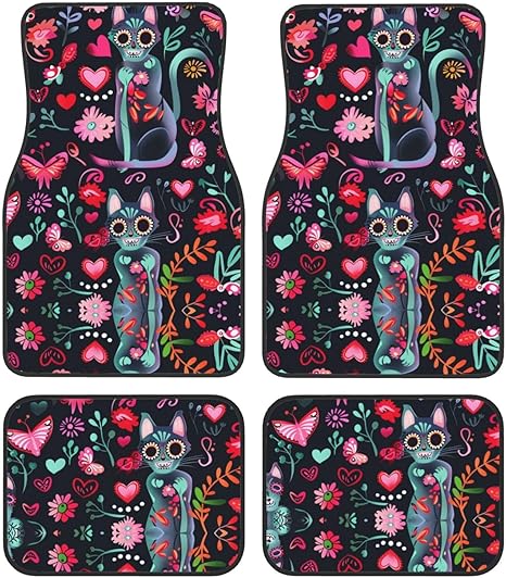 Playful Sugar Skull car mats 4 Piece car Floor mats Non Slip car Foot mat Automotive Floor mats Universal car Interior Protection Accessories fit for car SUV Truck Sedan - sugar skull car floor mats