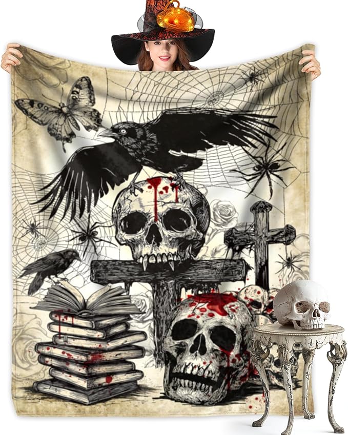 Halloween Throw Blanket Vintage Skull Blanket Fuzzy Cozy Soft Fleece Halloween Skull Horror Blankets and Throws for Couch Sofa Bed Outdoor Holiday Decorative Spooky Blanket 60"x50" - sugar skull throw blanket