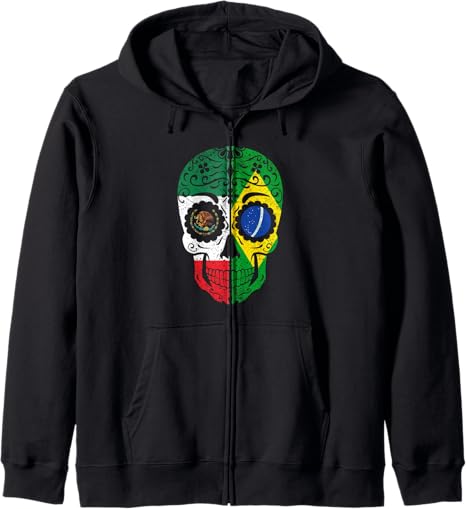 Half Brazilian Half Mexican Flag Gifts - sugar skull zip up hoodie mens