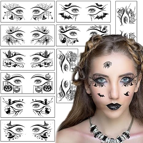 10 Sheets Halloween Makeup Eye Shadow Tattoos Stickers Eyeliner Decals Prank Spider Web Skull Bat Temporary Tattoo Kit Fake Face Decals eye Makeup Stickers for Women Adult Girls Kids Masquerade Party - sugar skull makeup kit