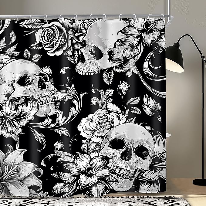 SVBright Black White Skull Shower Curtain 72Wx72L Inch Gothic Halloween Skeleton Flower Floral Vintage Scary Spooky Mystic Unique Cool 12 Pack Hooks Polyester Waterproof Fabric Bathroom Bathtub Panels - sugar skull shower curtain set