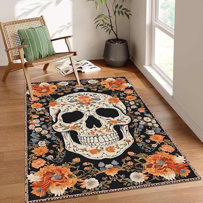 Floral Skull Rug Sugar Skull Carpet Flowers Moroccan Style Mat Gothic Rug for Bedroom Living Room Hallway Entrance for Goth (Chenille Quality, 2.6x5 ft.) - sugar skull area rug
