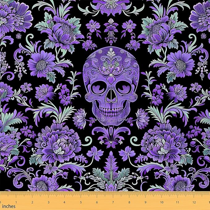 Erosebridal Sugar Skull Indoor Outdoor Fabric,Gothic Skeleton Craft Patchwork Fabric by The Yard,Purple Flowers Botanical Decorative Fabric,Hippie Blossom Art Decor Upholstery Fabric,1 Yard - sugar skull apron for women