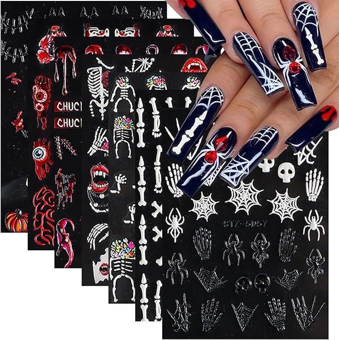 Halloween Nail Stickers for Nail Art Halloween Ghost Skull Nail Decals 5D Embossed Spider Eyes Bat Skeleton Designs Gothic Nail Art Stickers for Women DIY Halloween Nails Charms Decorations 8Sheets - sugar skull nail art
