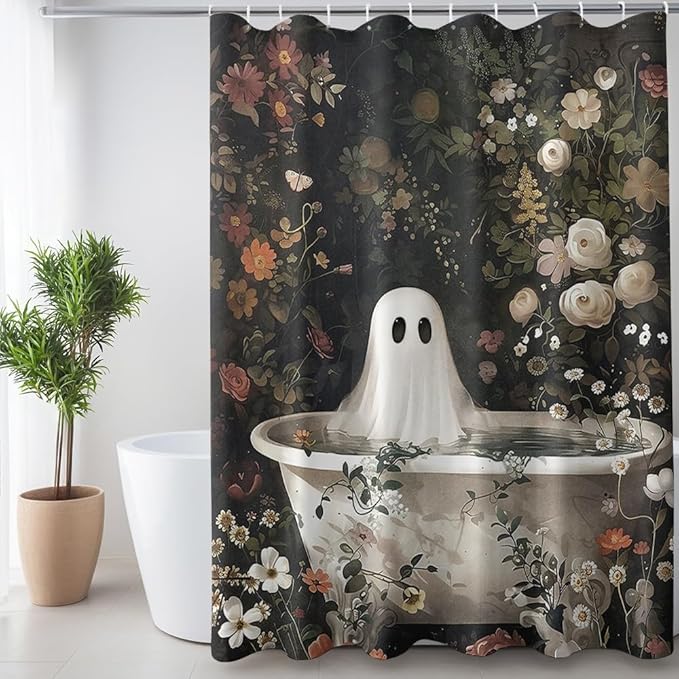 Halloween Shower Curtain Ghost Takes a Bath Tub in Flower Forest Shower Curtain for Bathroom Dark Academia Ghost Bathtub Halloween Bathroom Decor Set Vintage Gothic Horror Decor 72"x72" - sugar skull shower curtain set