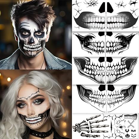 Skeleton Face Tattoo - Halloween Temporary Skull Tattoos, Mouth Stickers for Face, Costumes and Accessories for Men and Women (A) - sugar skull temporary tattoo