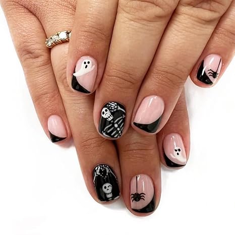 Halloween Press on Nails Short Sugar Skull Ghost Spider Design Fake Nails Square Black French Tip Glue on Nails Square False Nails Press ons Nude Full Cover Artificial Halloween Nails for Women 24Pcs - sugar skull nail art