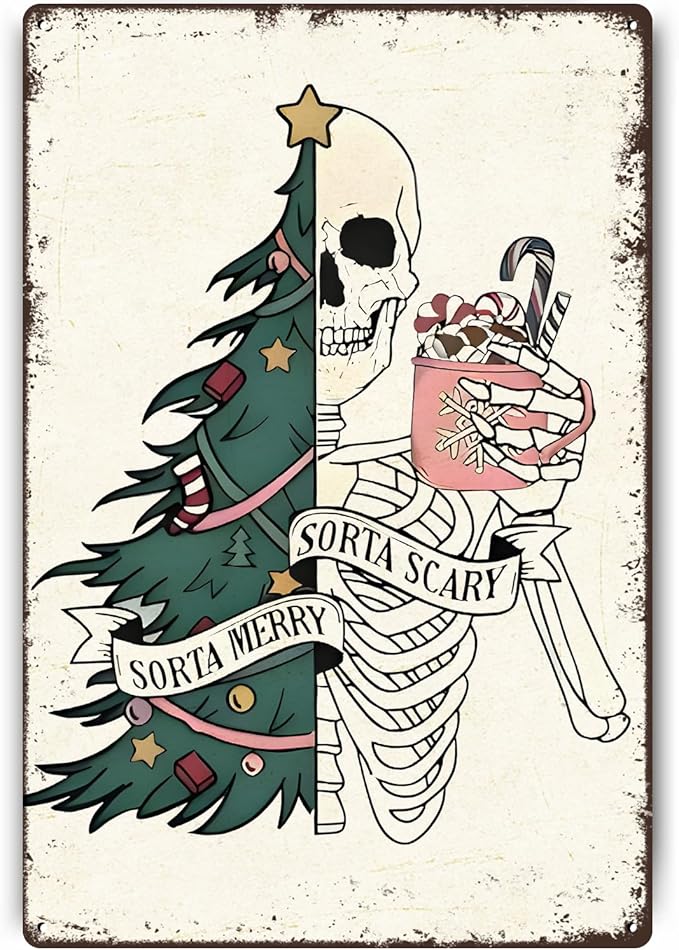Znzd Funny Christmas Skull Decor,90s Goth Christmas Decor,Sorta Merry,Sorta Scary Skeleton Tin Signs for Man Cave Bar Bathroom Skeleton Wall Decor 8x12 Inch - sugar skull christmas decorations