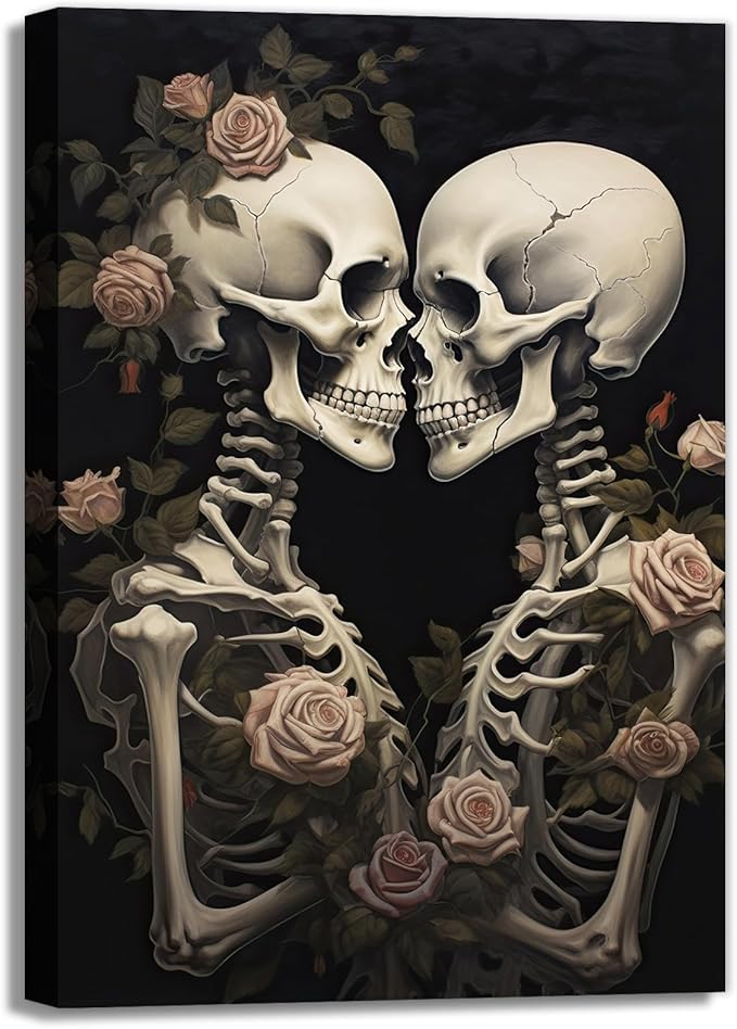 OAAPITI Vintage Skeleton Canvas Wall Art Gothic Painting Artwork Retro Rose Skull Art Poster Abstract Romantic Theme Picture Halloween Living Room Decor(Artwork-4,12"x18") - sugar skull poster print